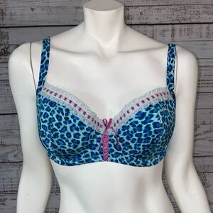Victoria’s Secret blue leopard print demi bra with lace and pink stitching 36D